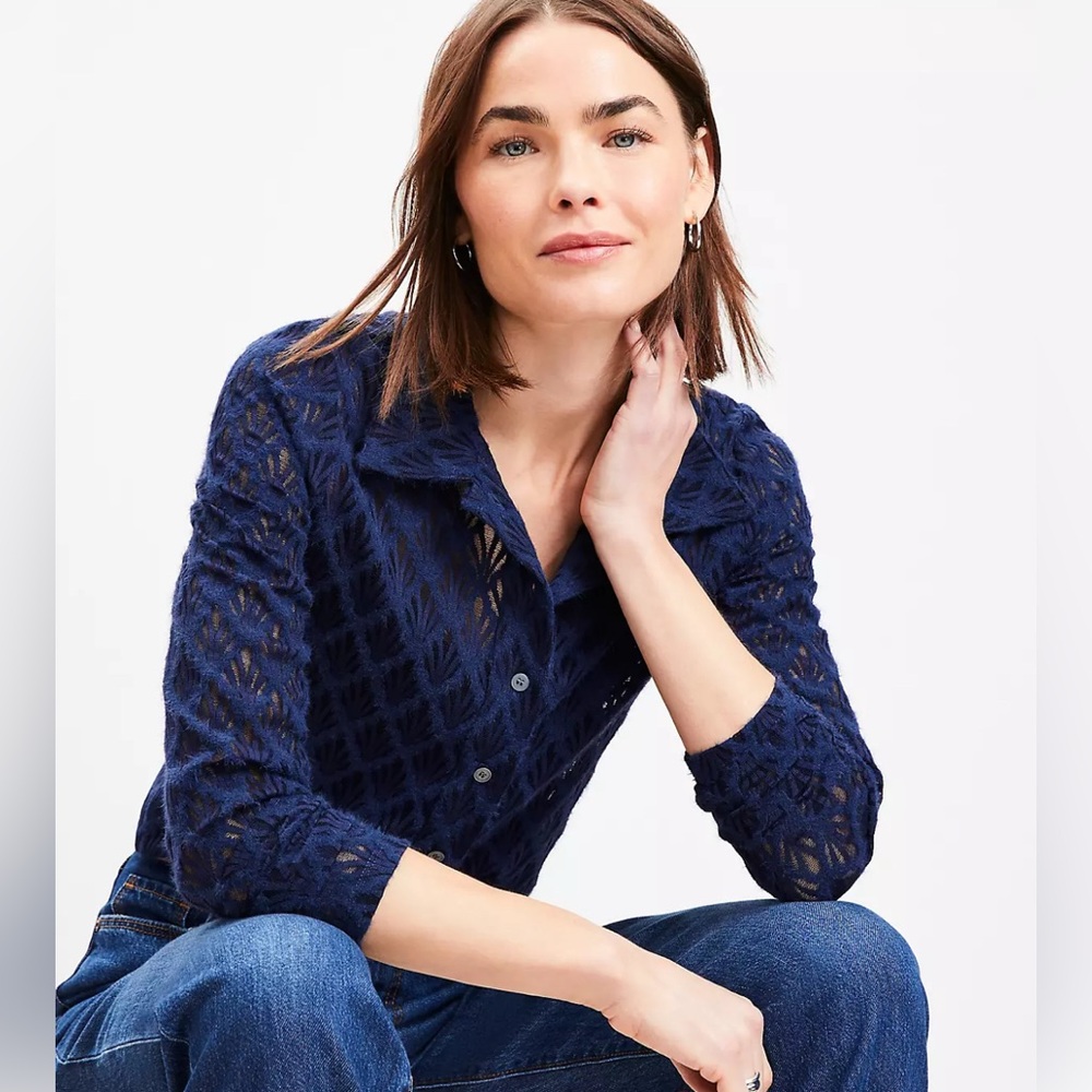 LOFT Navy Lace Top Small Semi-Sheer Long-Sleeve Button-up. - Picture 6 of 6